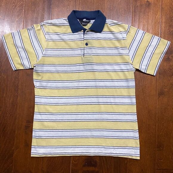 Jantzen Vintage 80s Lightweight Striped Yellow Navy Polo Shirt Men's Size Medium - Picture 3 of 8